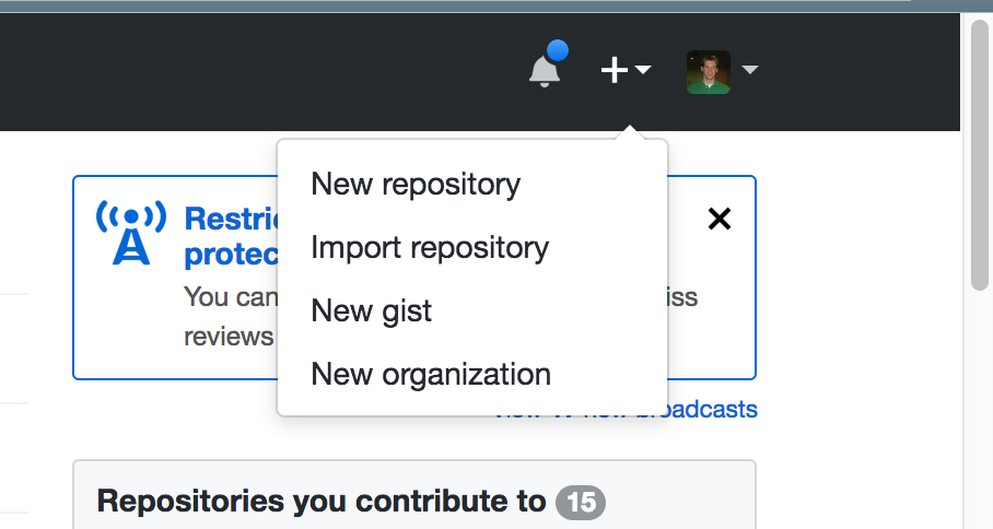 _Clicking on the plus icon in GitHub's header displays a dropdown of options. One option is the "New repository" link._